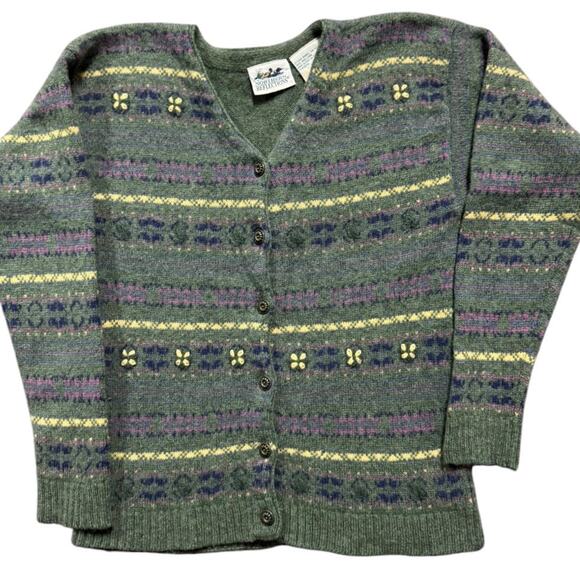 Vintage Northern Reflections Fair Isle Wool Cardigan Sweater Green Size Large - Picture 2 of 11